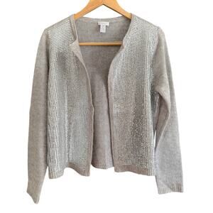 CHICO'S Gray Sequined Shae Open Front Cardigan Wool Mohair Blend Size 2 / Large